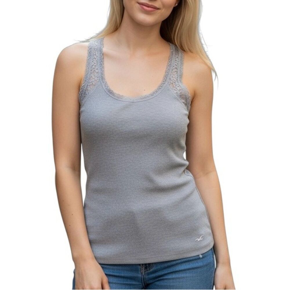 Hollister Women’s Lace Back Racerback Tank Top in Gray | Size Large